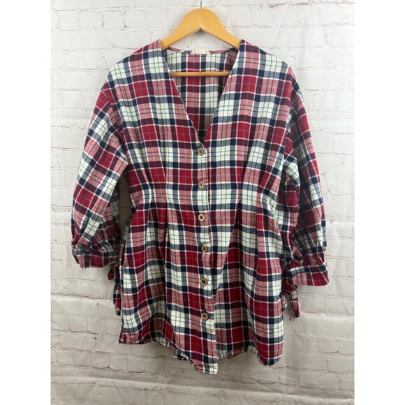 Hummingbird Tunic Dress Womens Size Large Red Blue Plaid Cinched Waist Pockets - Picture 1 of 8